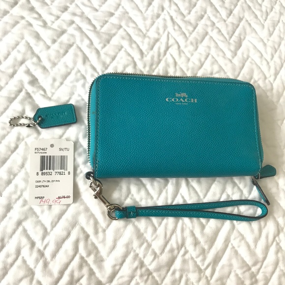 Coach Handbags - Coach Double Zip Around Wallet Leather Teal